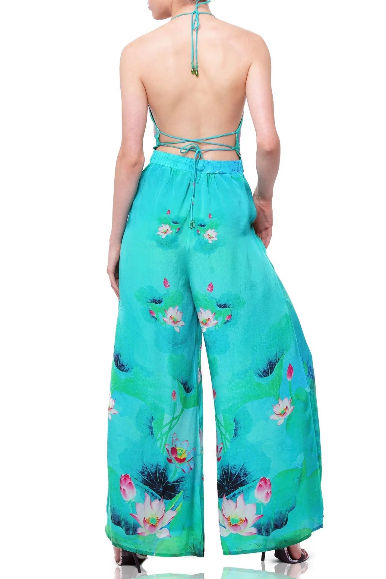Backless Floral Print Jumpsuit In Green Envy