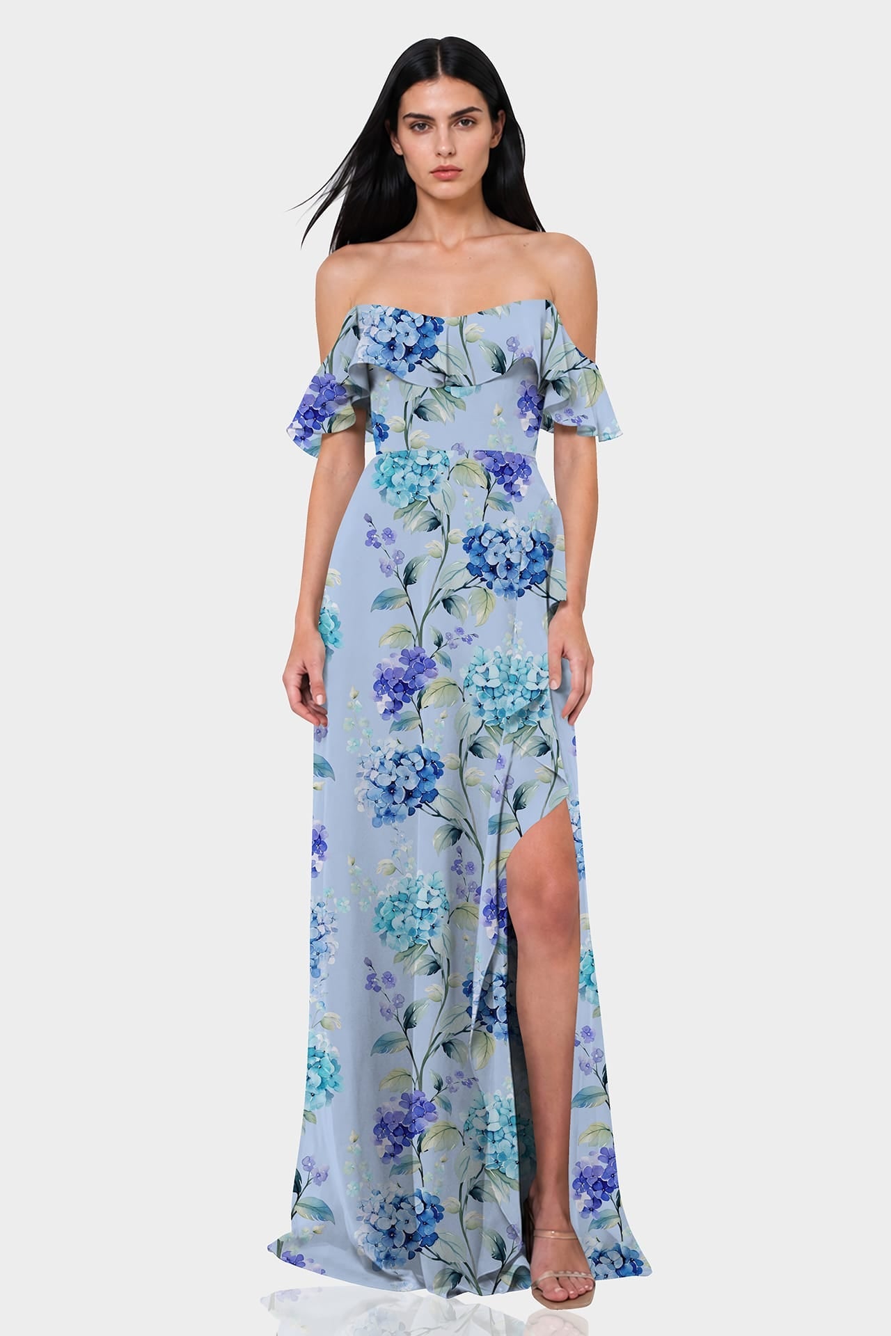 Blue Floral Off-the-Shoulder Dress with Ruffles