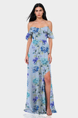 Blue Floral Off-the-Shoulder Dress with Ruffles