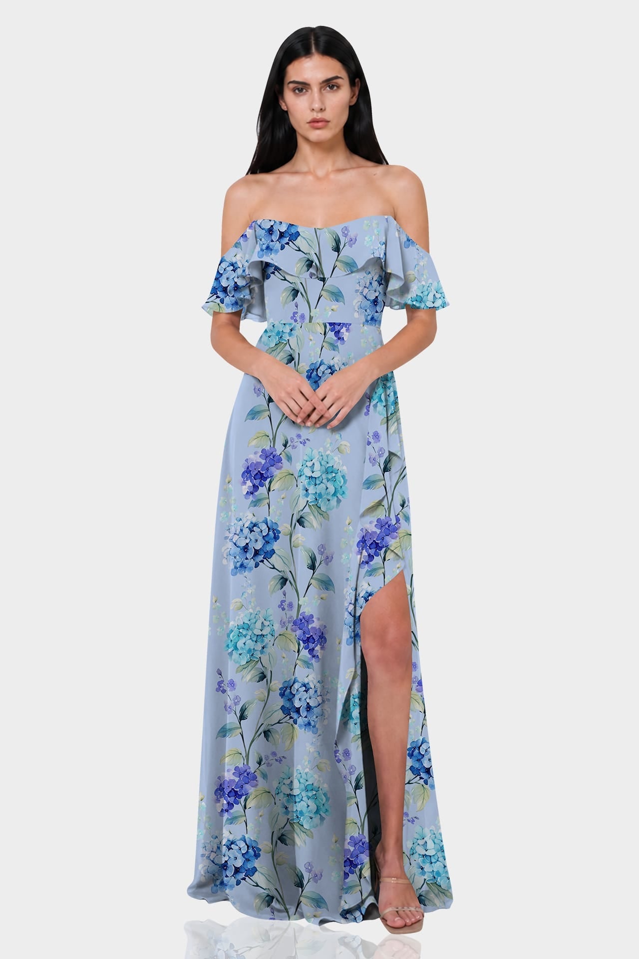 Blue Floral Off-the-Shoulder Dress with Ruffles