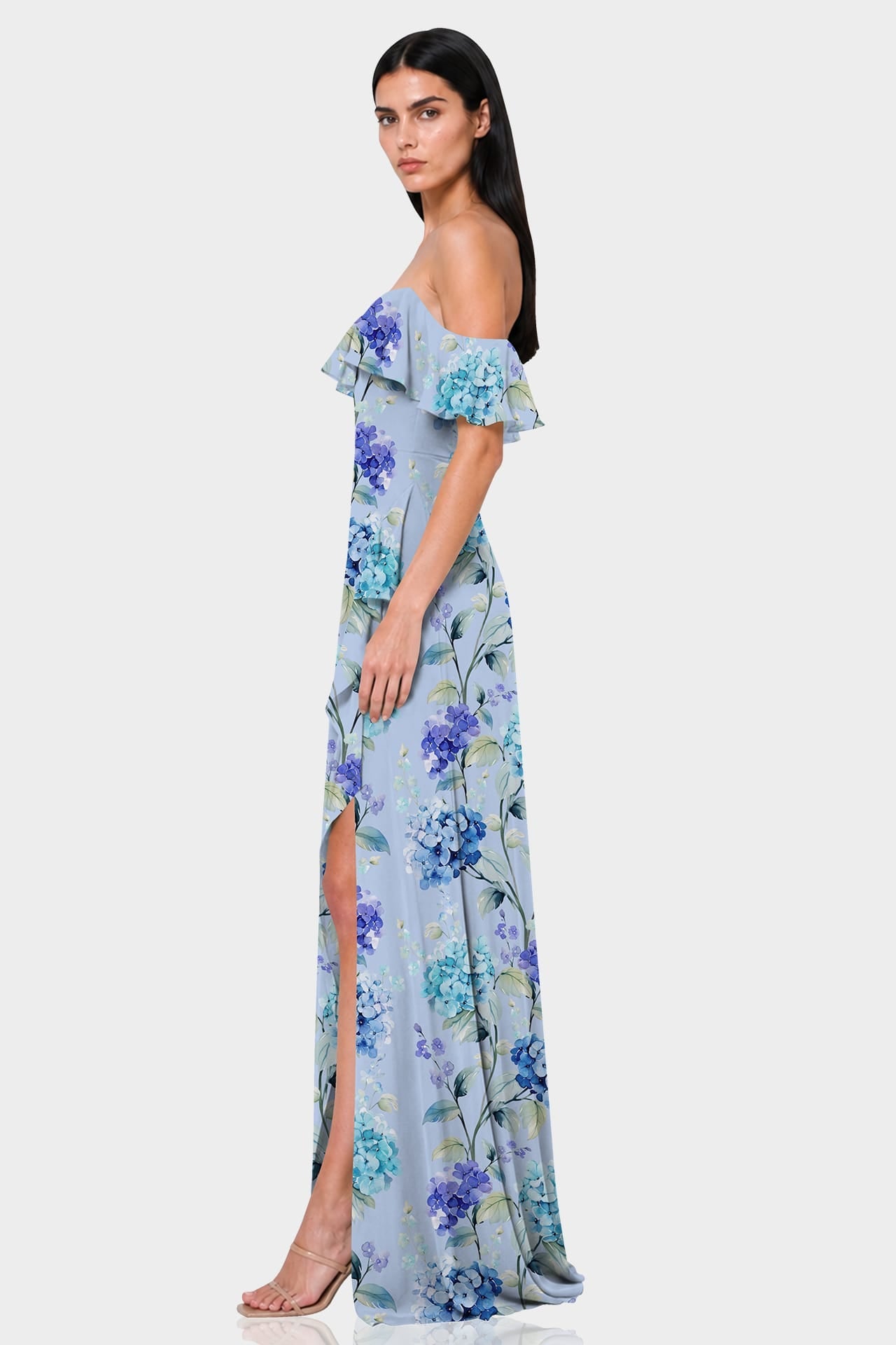 Blue Floral Off-the-Shoulder Dress with Ruffles