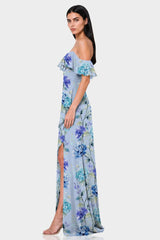 Blue Floral Off-the-Shoulder Dress with Ruffles