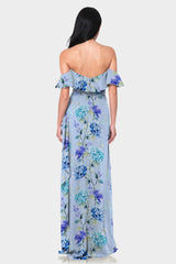 Blue Floral Off-the-Shoulder Dress with Ruffles
