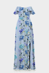 Blue Floral Off-the-Shoulder Dress with Ruffles
