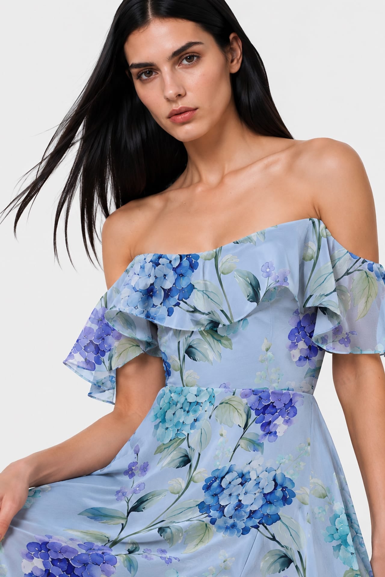 Blue Floral Off-the-Shoulder Dress with Ruffles