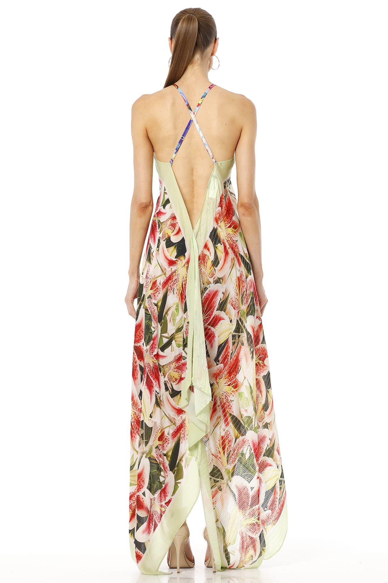 Azure High Low Floral Maxi Dress With Low Back Open Design