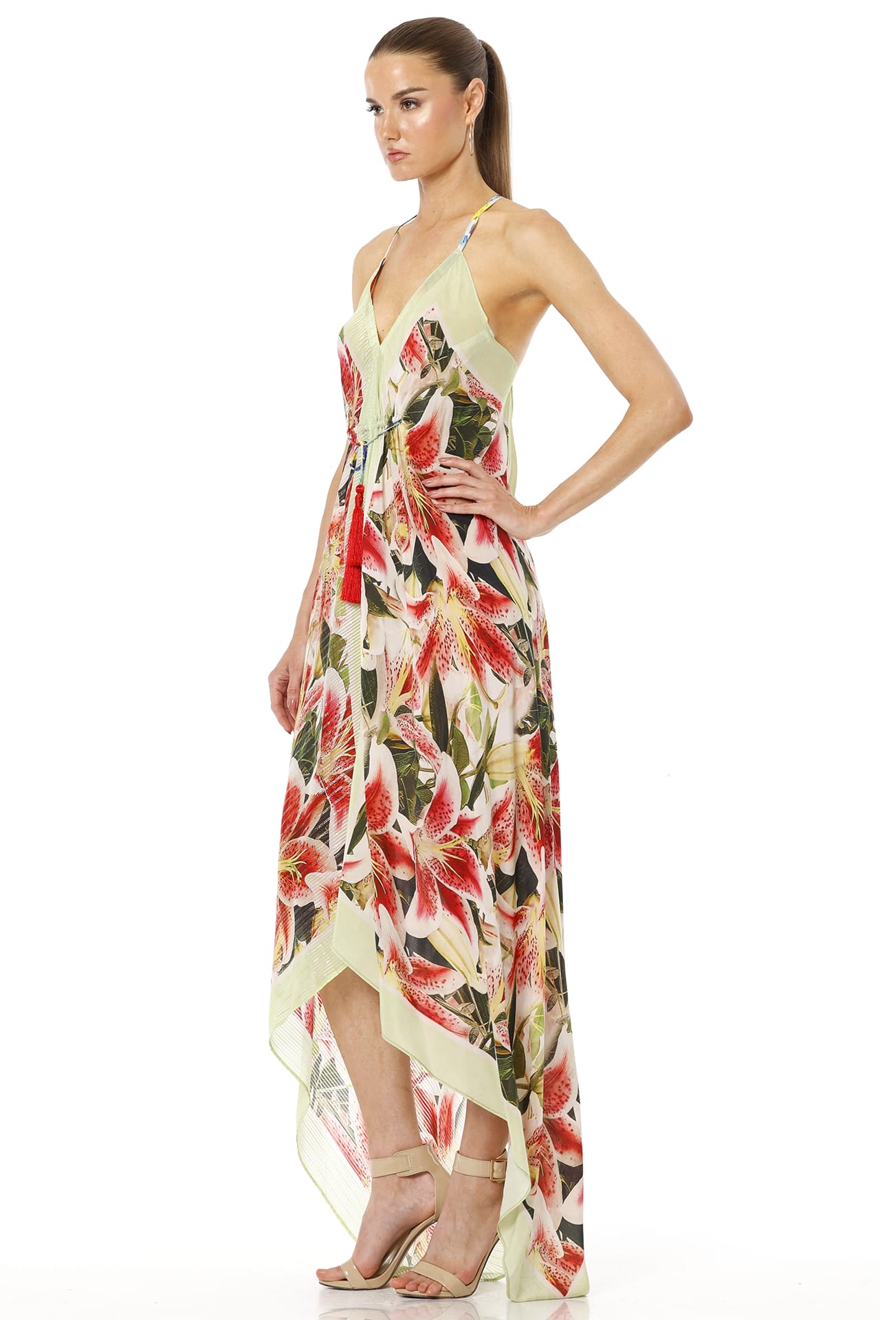 Azure High Low Floral Maxi Dress With Low Back Open Design