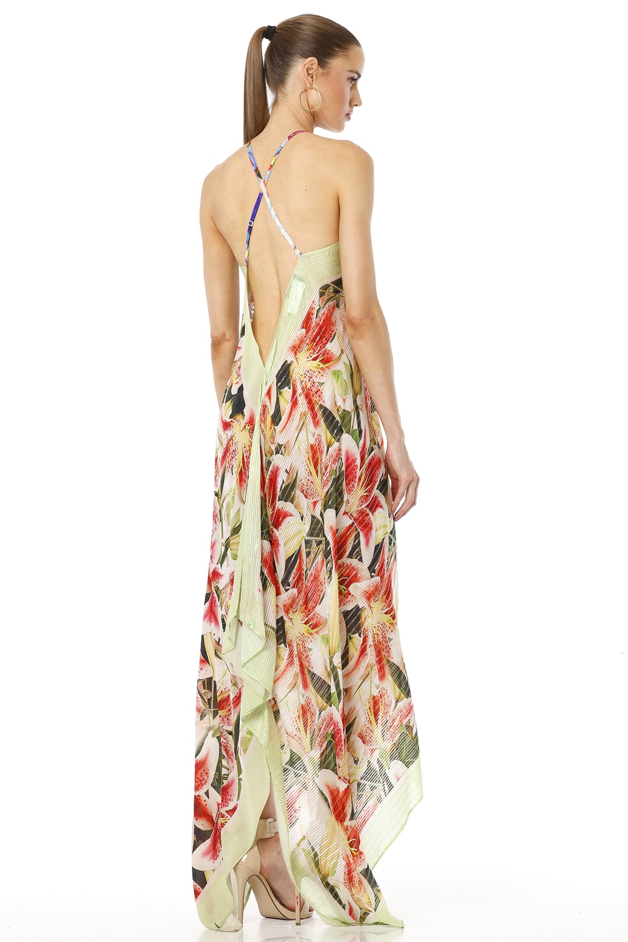 Azure High Low Floral Maxi Dress With Low Back Open Design