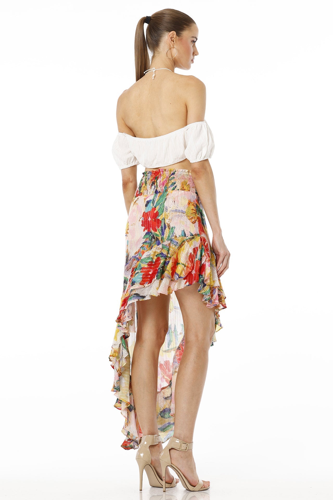 Amore Floral Print High Low Multicolor Skirt