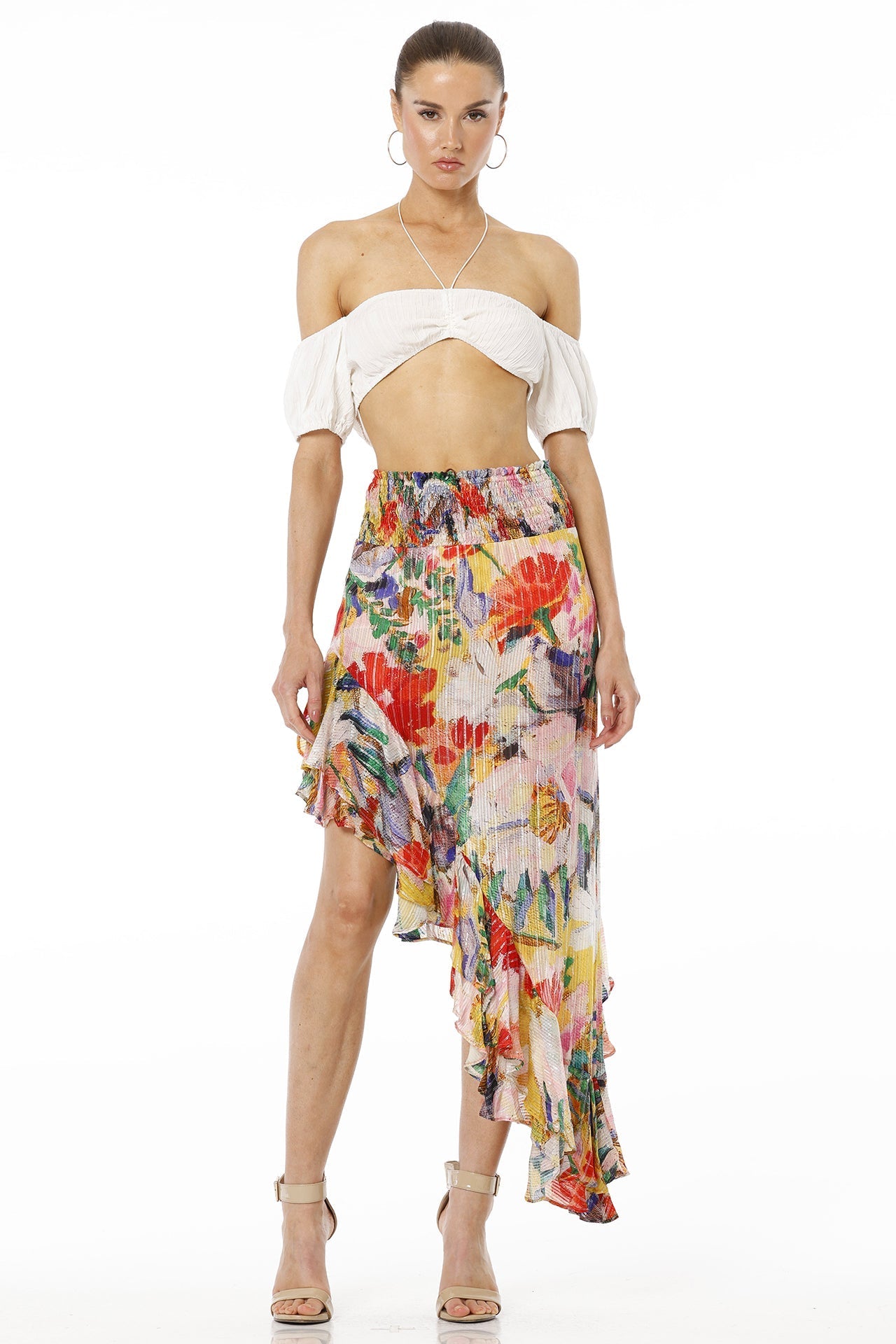 Amore Floral Print High Low Multicolor Skirt