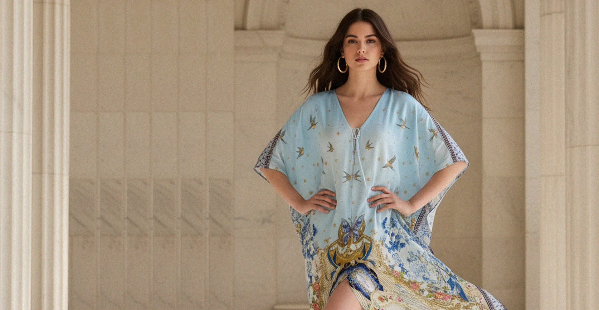 Blue Romanticism Print Viscose Silk Convertible Kaftan