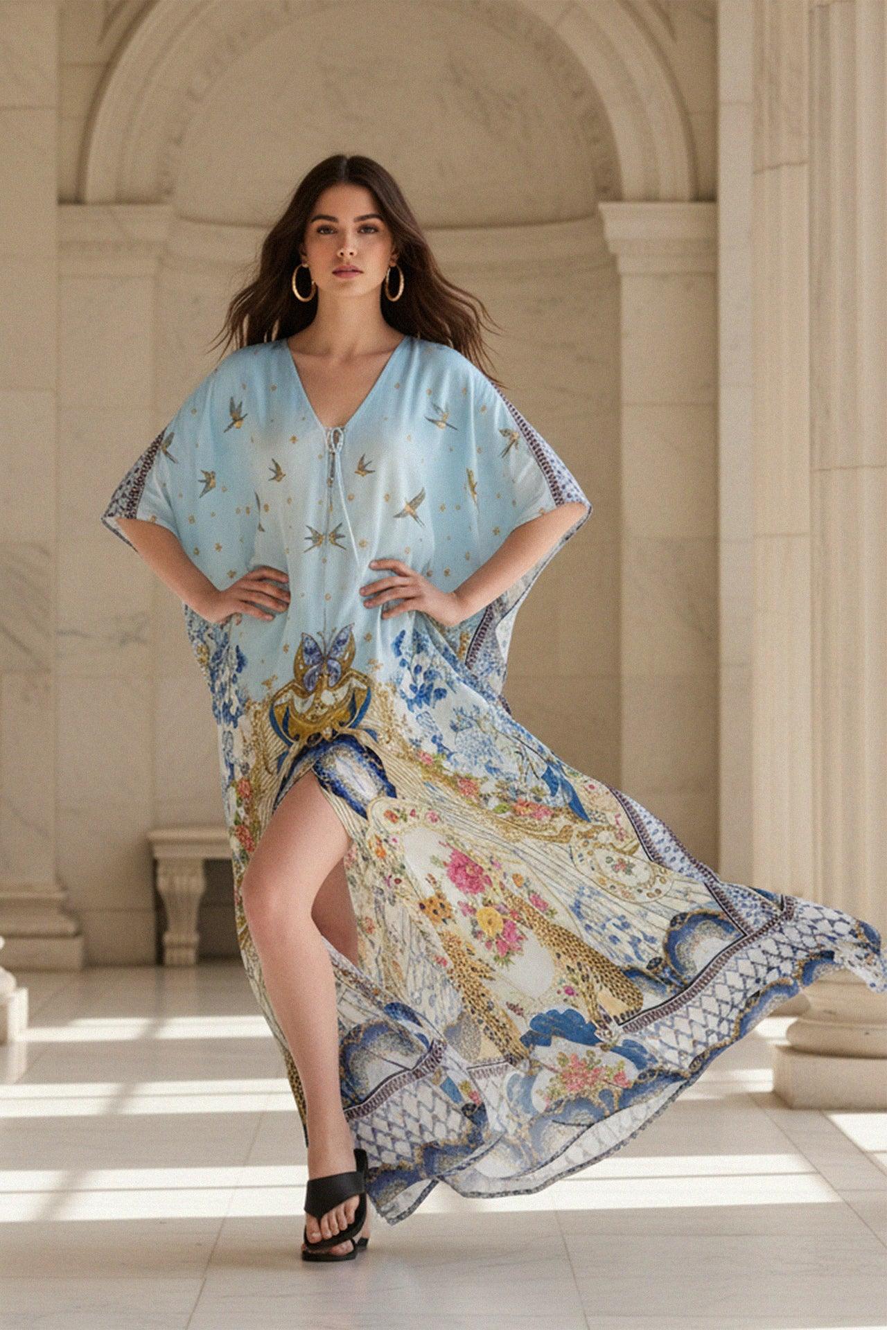 Blue Romanticism Print Viscose Silk Convertible Kaftan