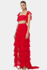 Almyra Flaming Red Ruffle Maxi Skirt With high Split