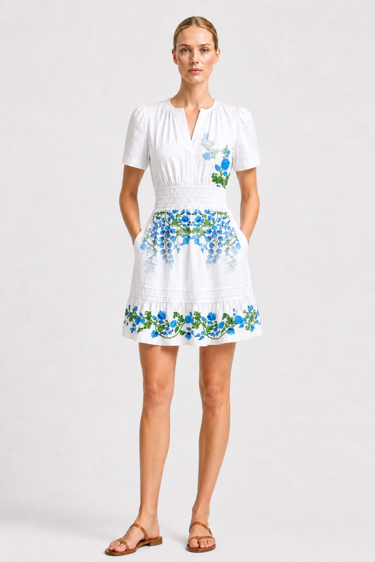Blue & White Floral Organic Cotton Poplin Mini Dress