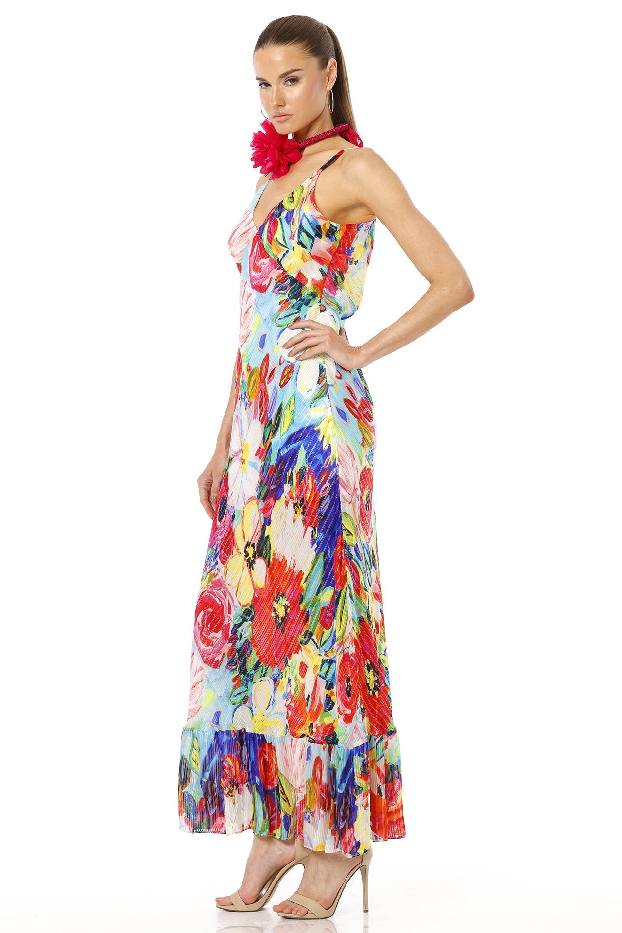 Bernadette Long Sleeveless Floral Print Multicolor Bias Gown