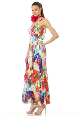 Bernadette Long Sleeveless Floral Print Multicolor Bias Gown