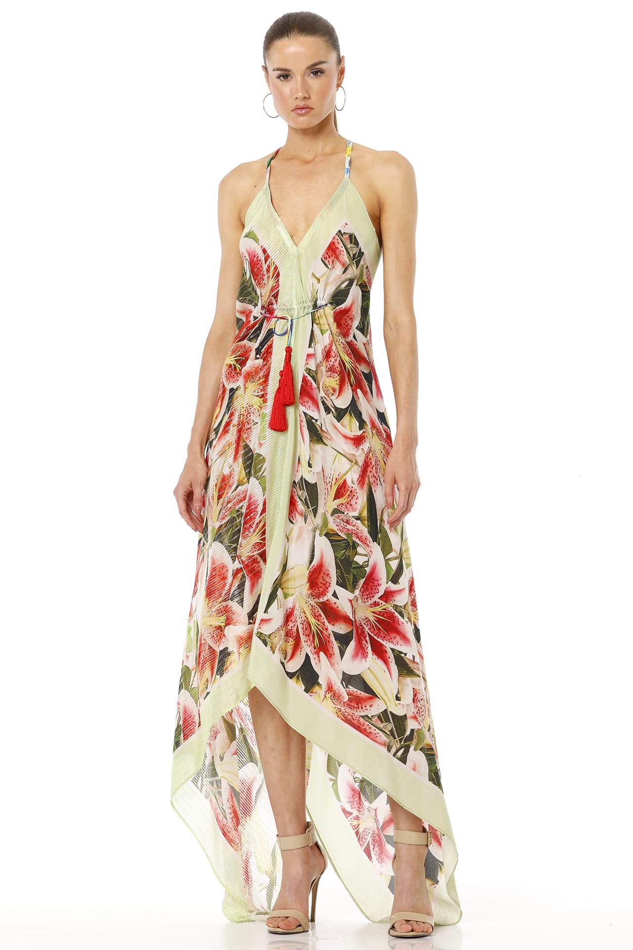 Azure High Low Floral Maxi Dress With Low Back Open Design