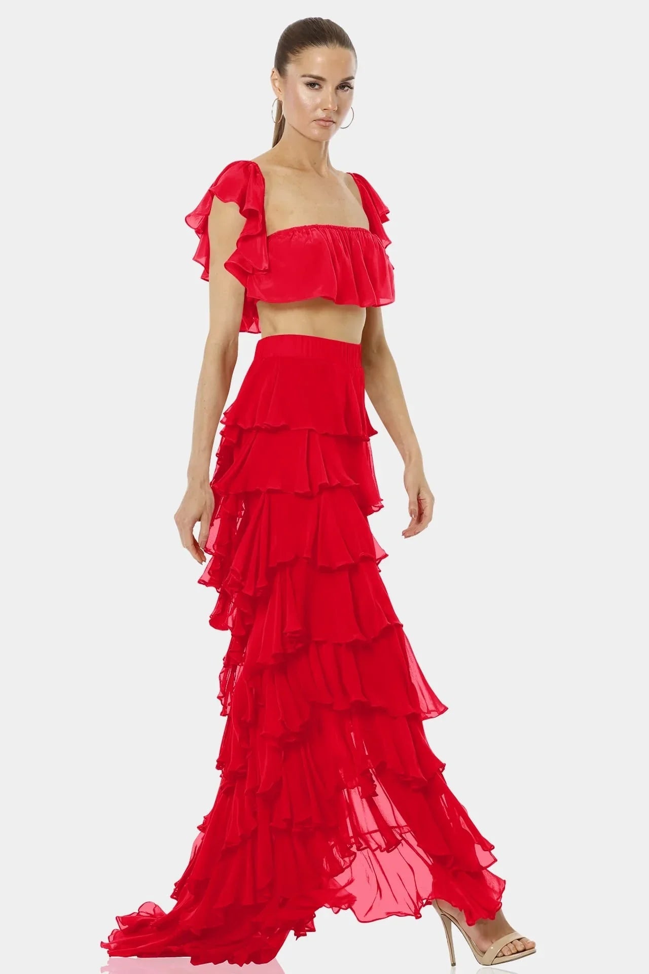 Almyra Flaming Red Ruffle Maxi Skirt With high Split