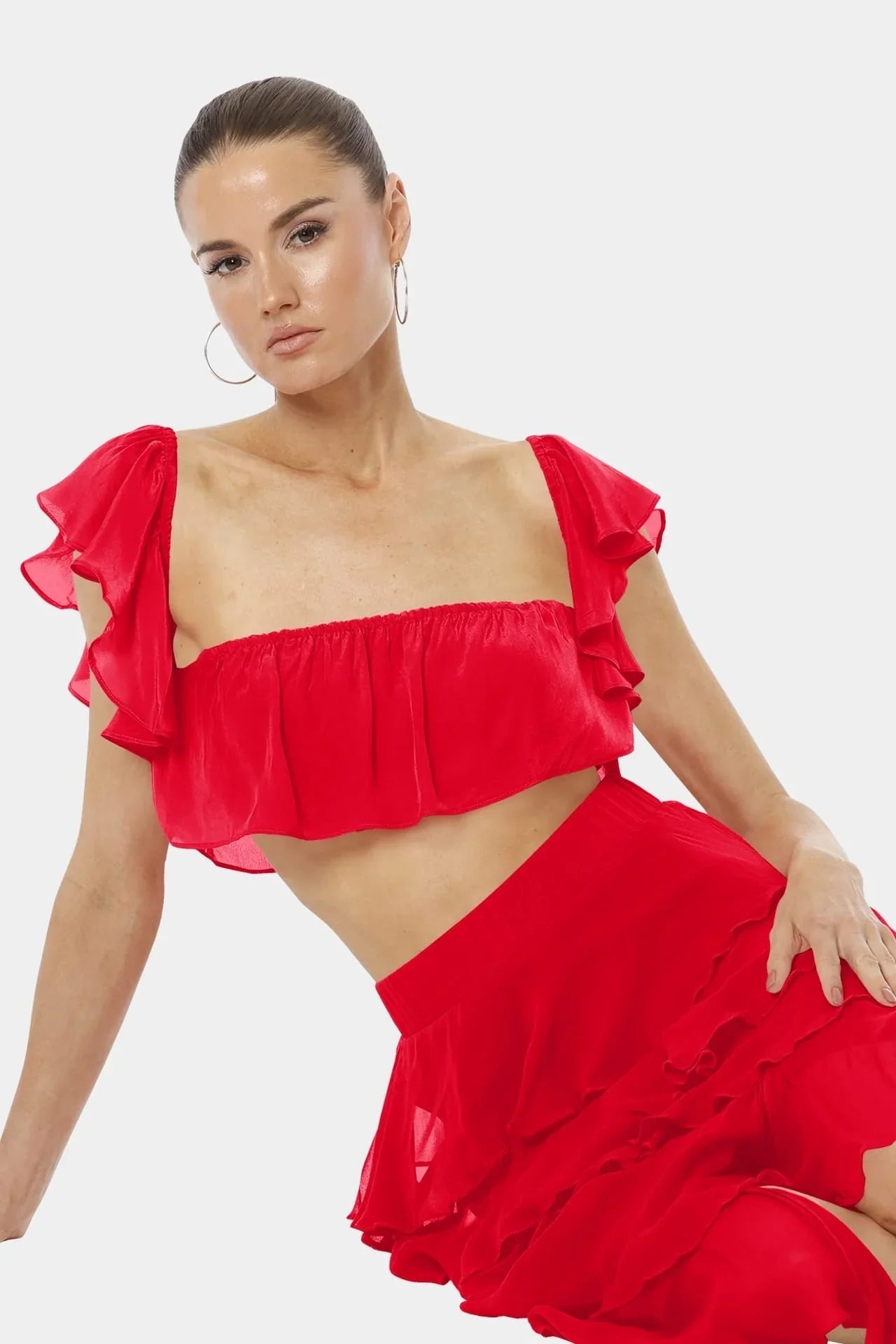 Almyra Flaming Red Ruffle Maxi Skirt With high Split