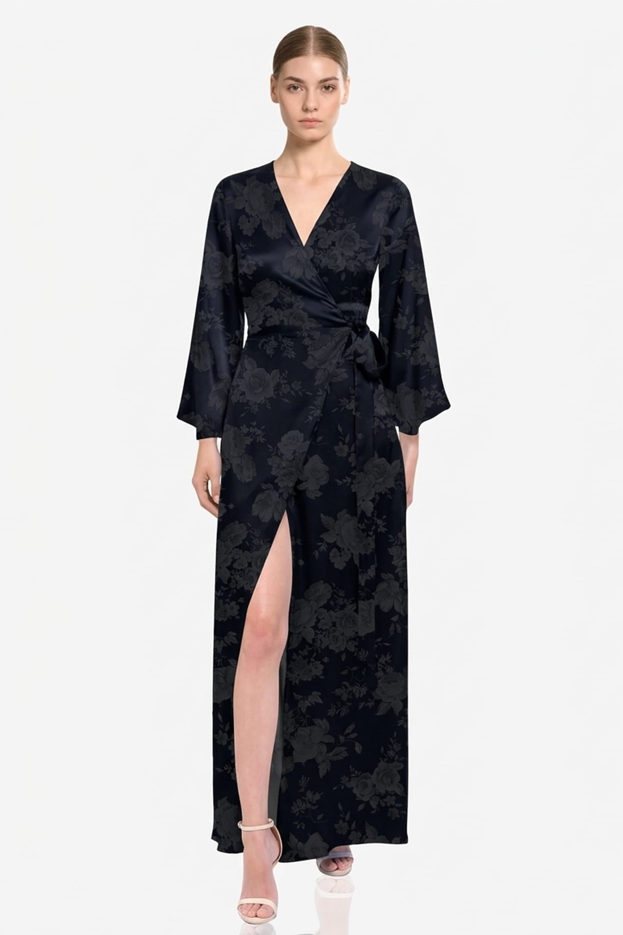Black Long Sleeve Satin Maxi Dress – Formal Wedding Guest Dress