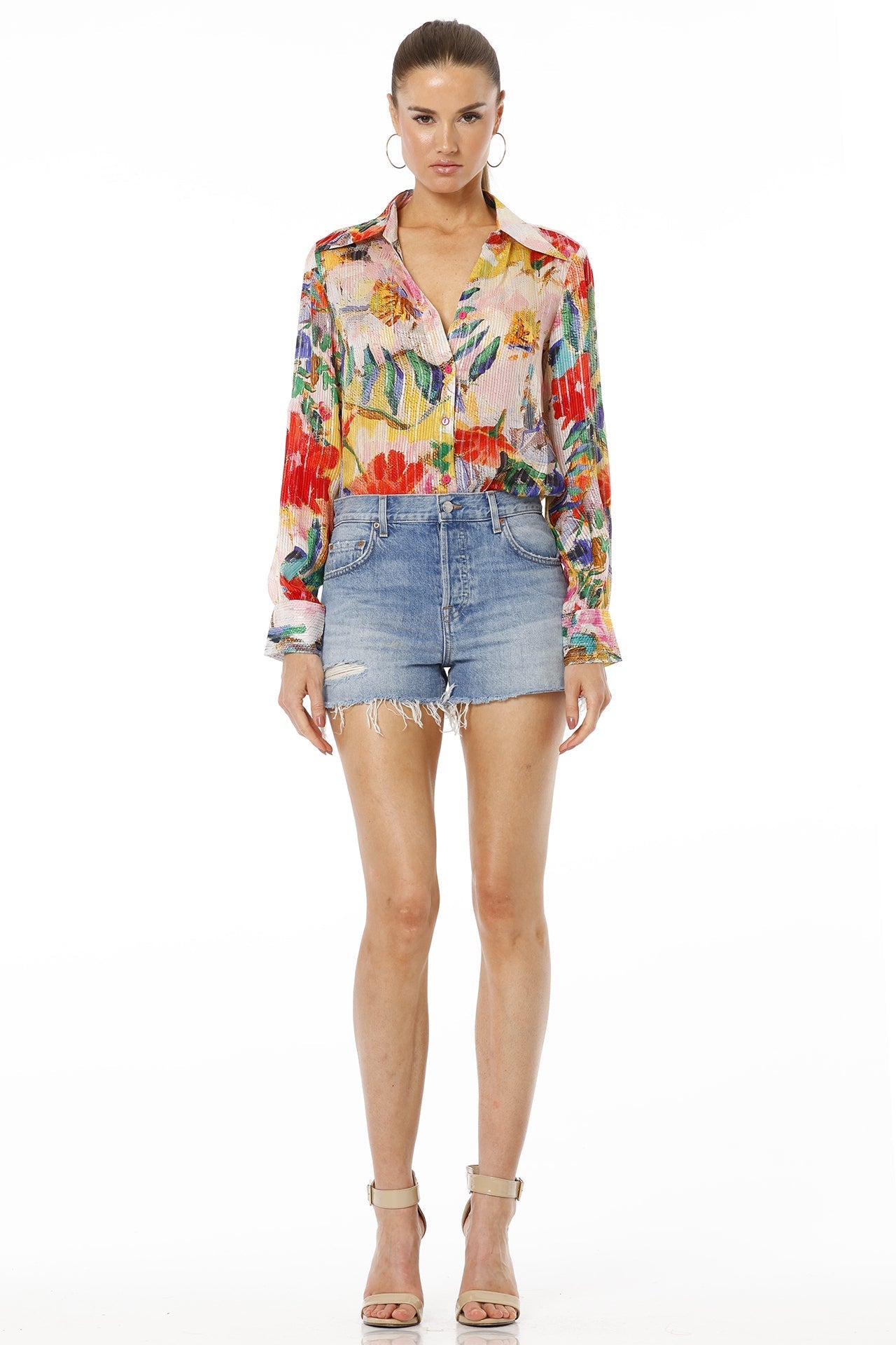 Above Blue Collar Neck Floral Multicolor Shirt For Women With Long Sleeves