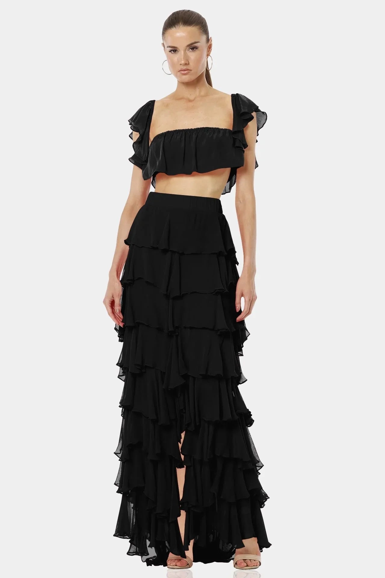 Almyra Black High Split Long Ruffle Skirt