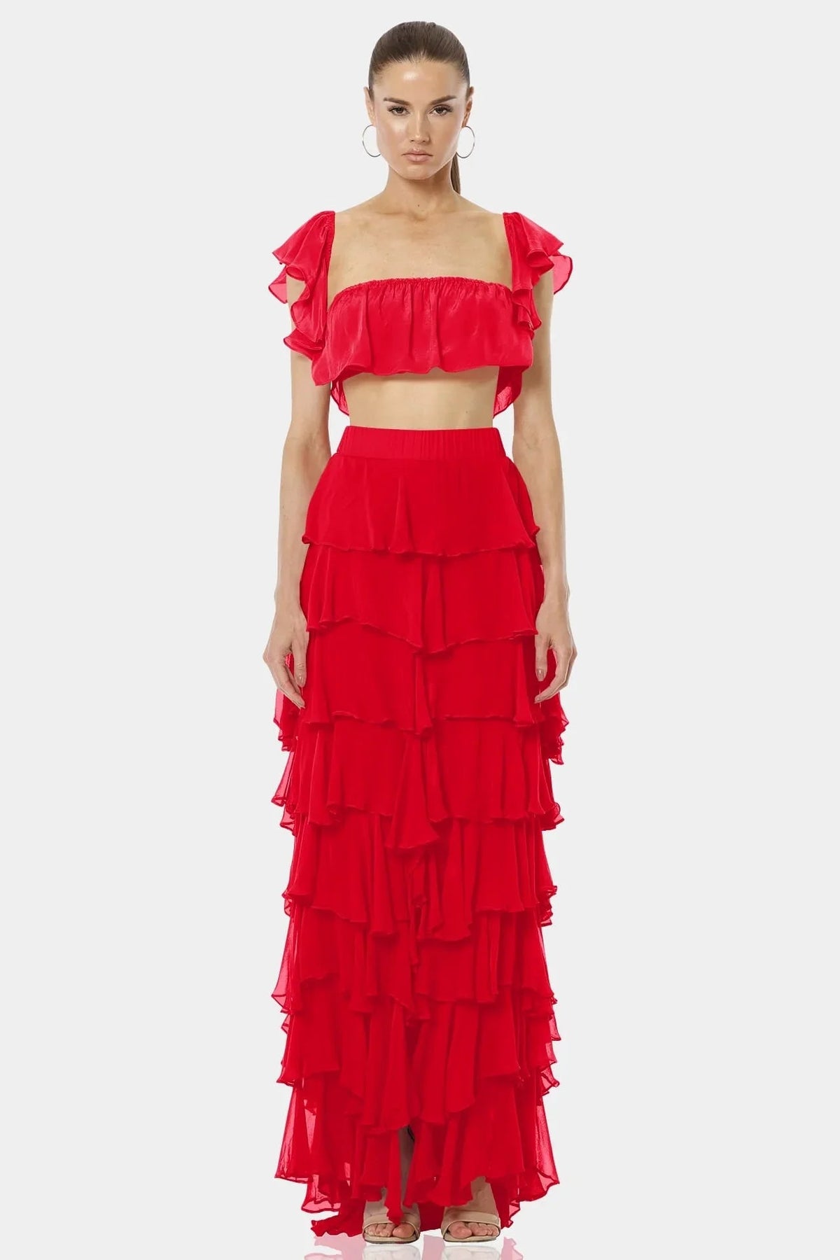 Almyra Flaming Red Ruffle Maxi Skirt With high Split