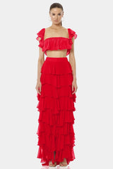 Almyra Flaming Red Ruffle Maxi Skirt With high Split