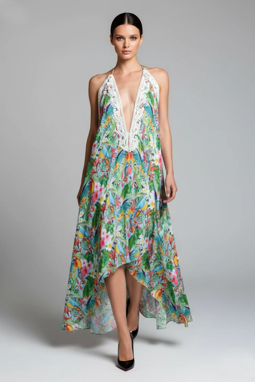 Aqua Embellished Floral Print Silk Maxi Dress