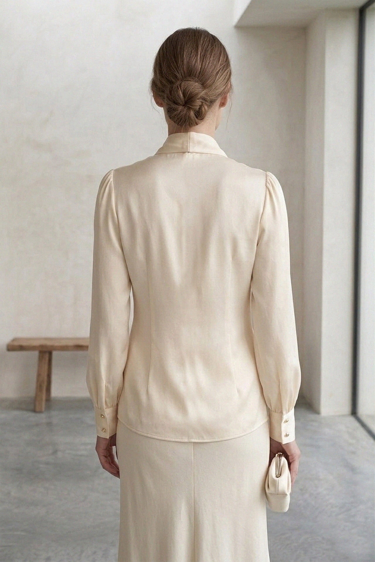 Beige Satin Scarf-Tie Blouse