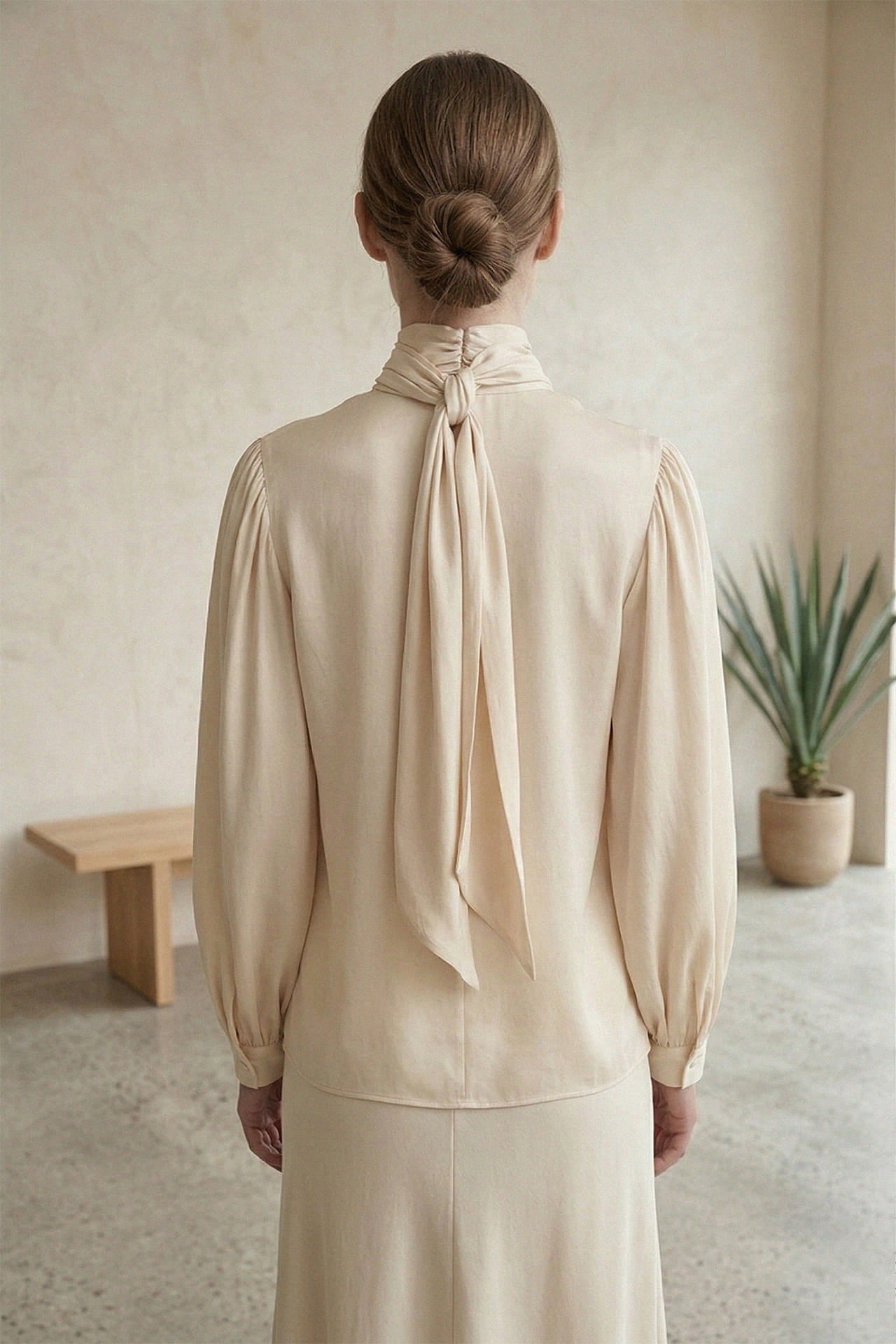 Beige Silk Satin-Twill Tie-Neck Blouse