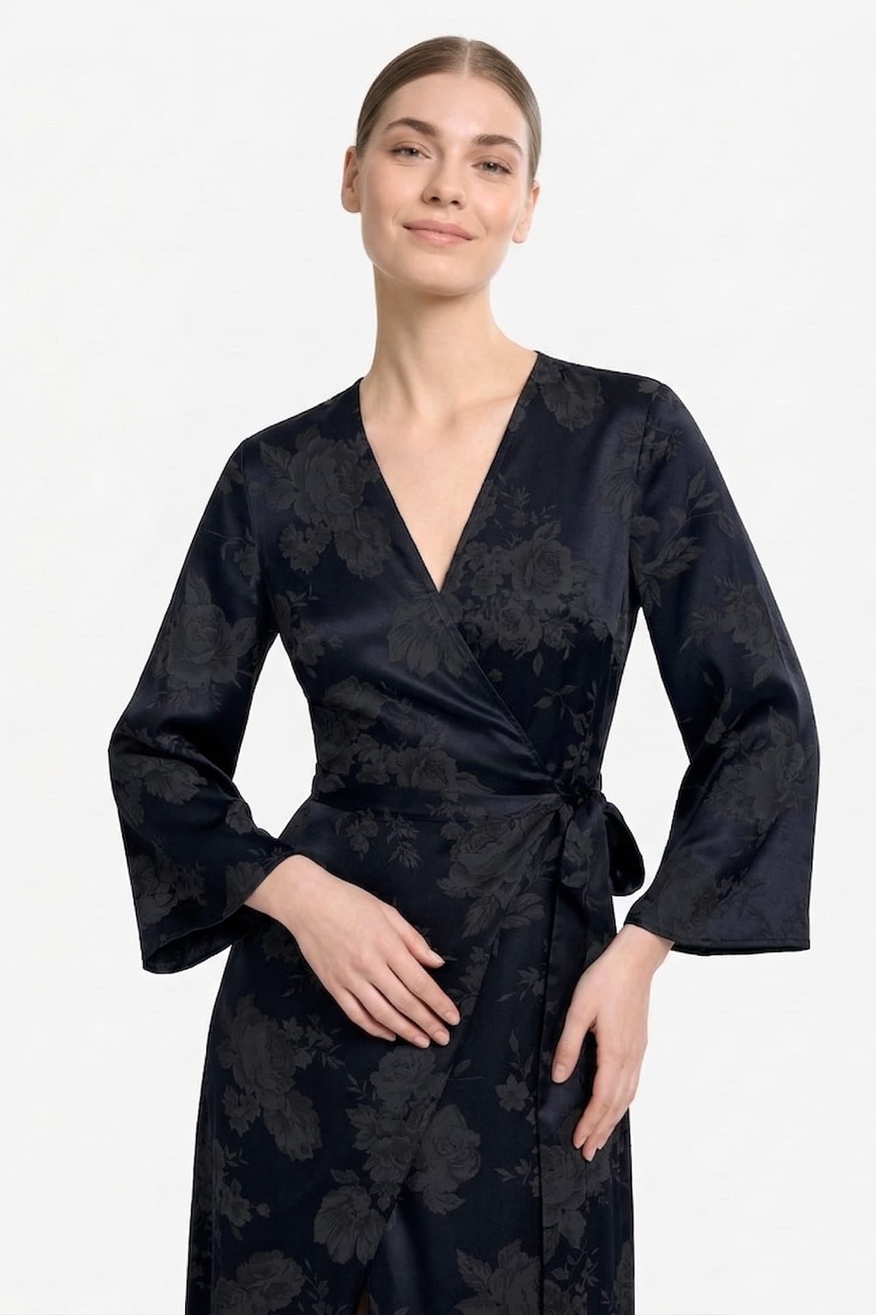 Black Long Sleeve Satin Maxi Dress – Formal Wedding Guest Dress