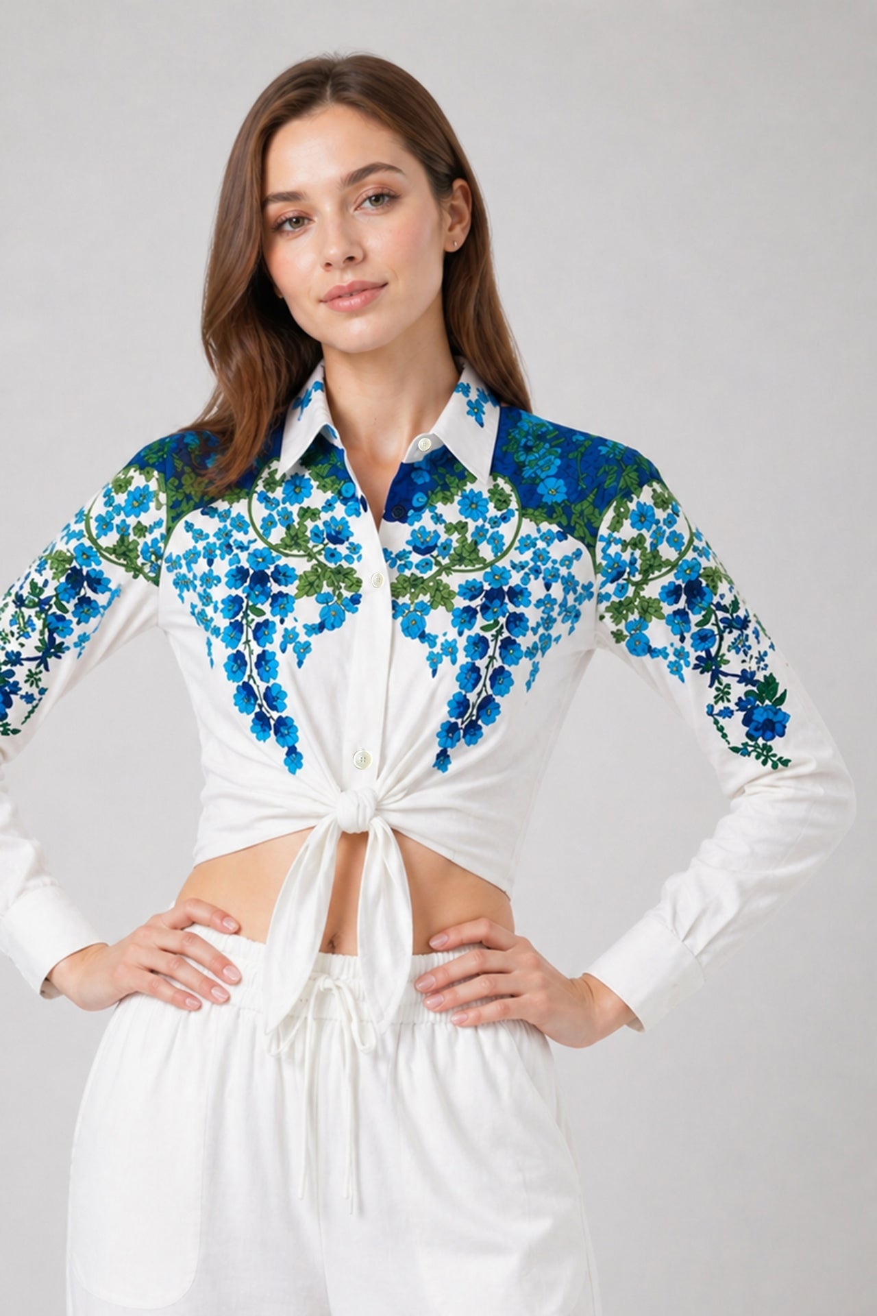 Blue & White Floral Tie Front Resort Shirt