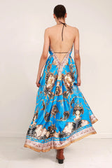 Azure Blue Baroque Scarf Print Halter Maxi Dress