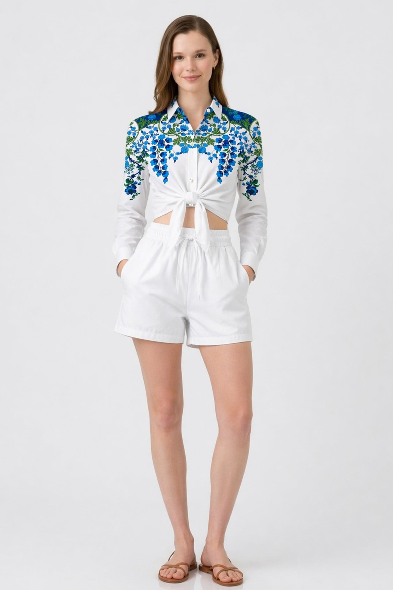 Blue & White Floral Tie Front Resort Shirt