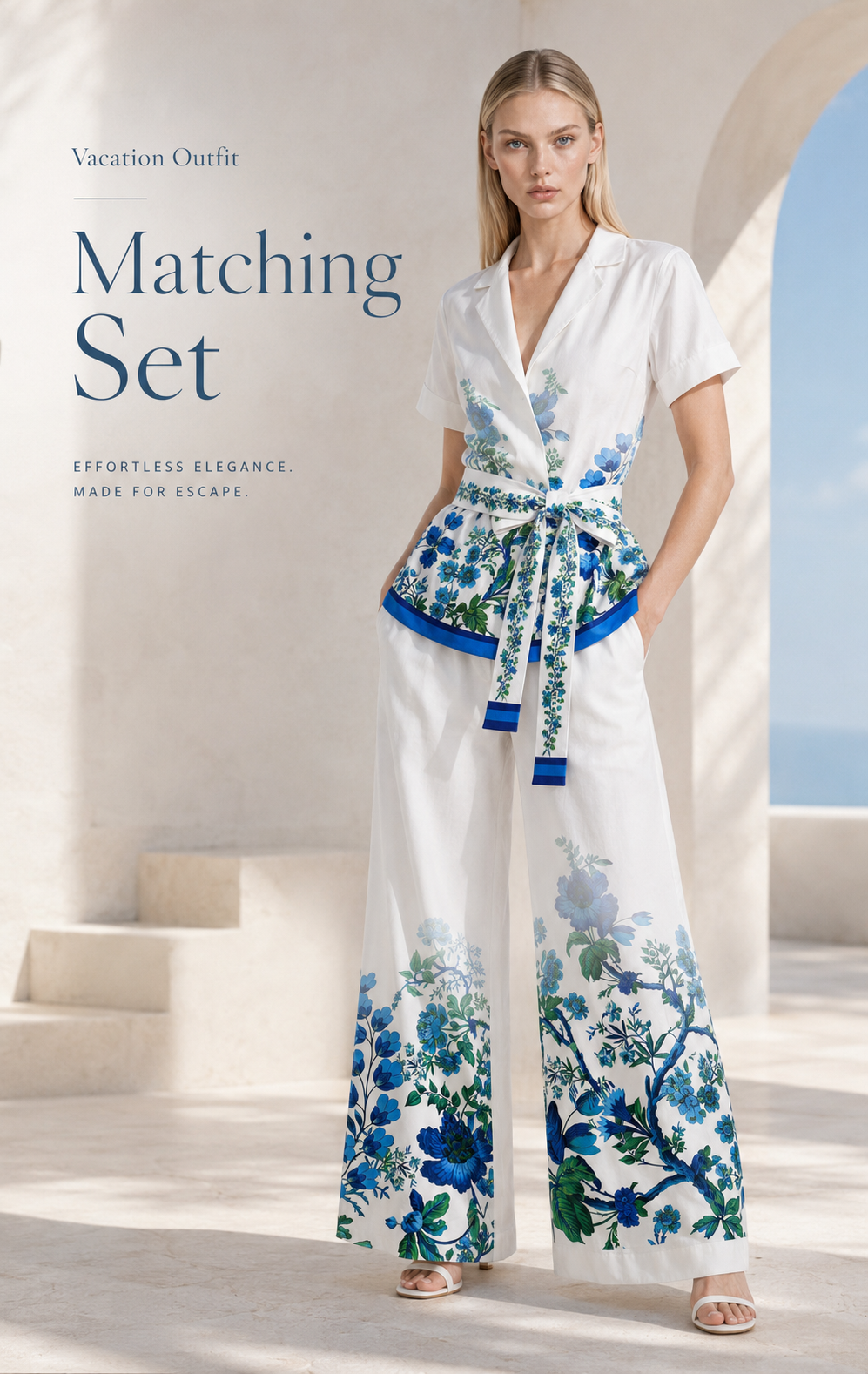 Blue Floral Belted Resort Top with Collar and Short Sleeves