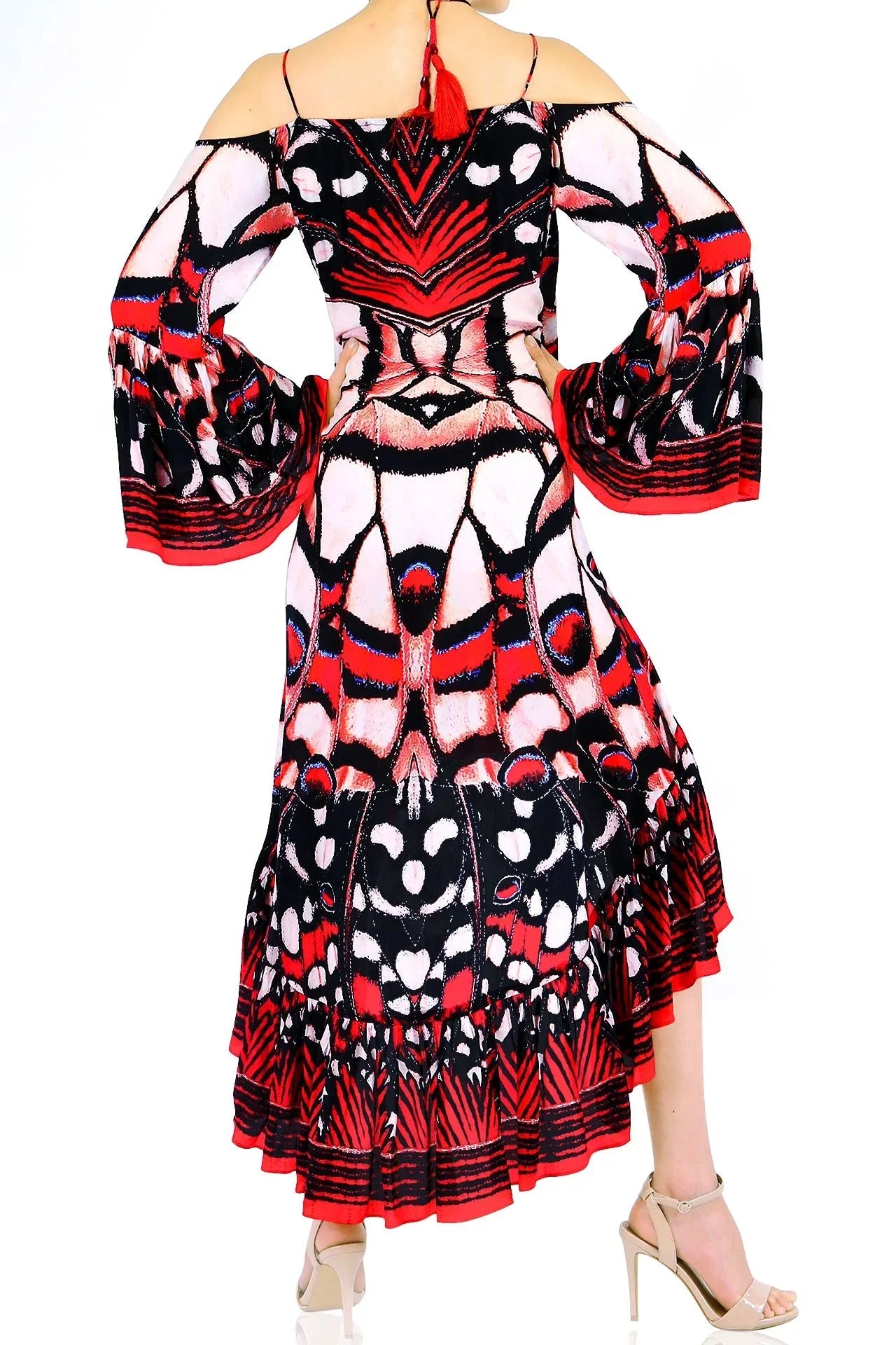 Annabella Butterfly-Print Handkerchief-Hem Off the Shoulder Dress