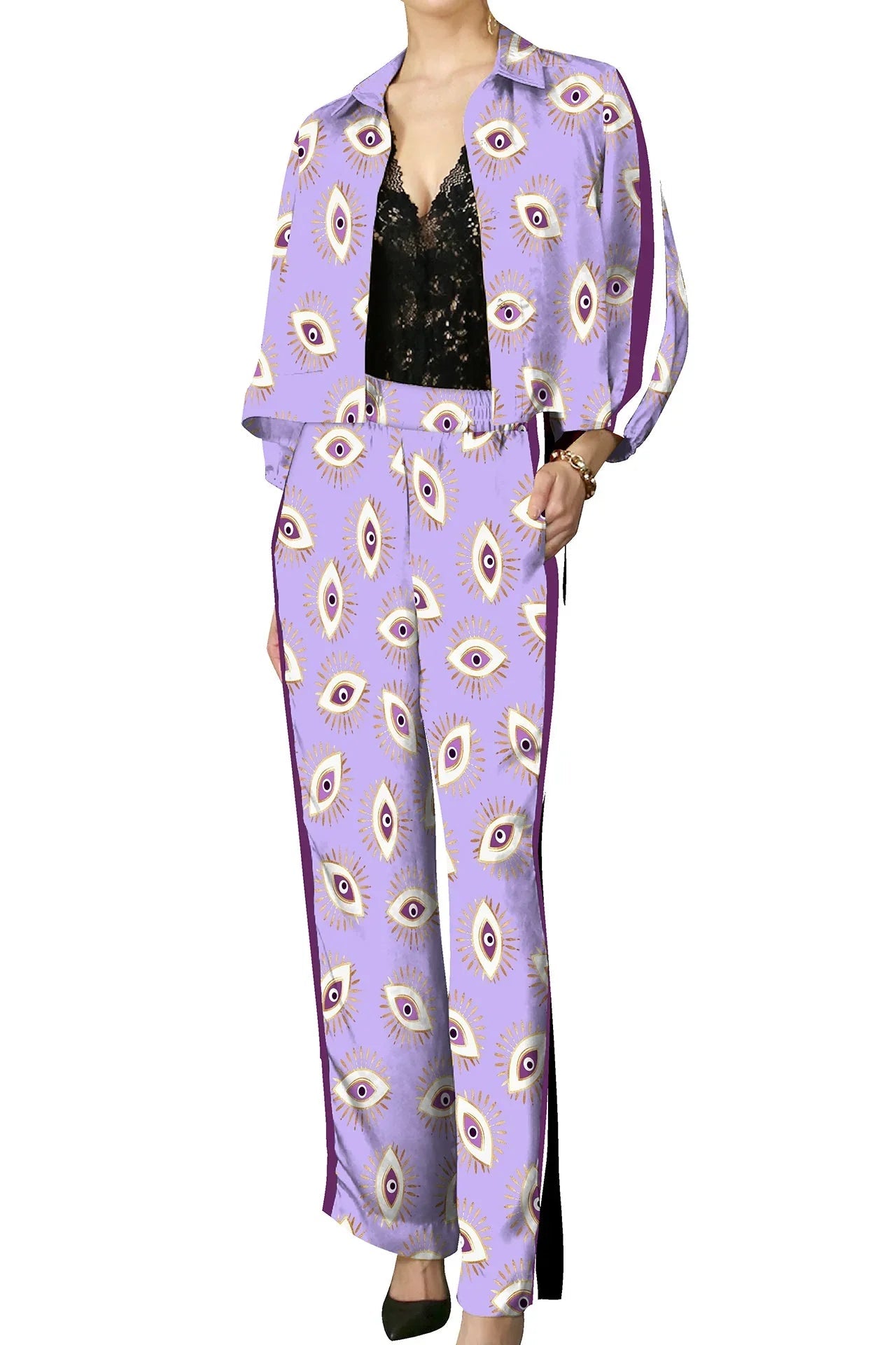 Biodegradable Fabrics Matching Suit Set in Digital Lavender Evil Eye Print