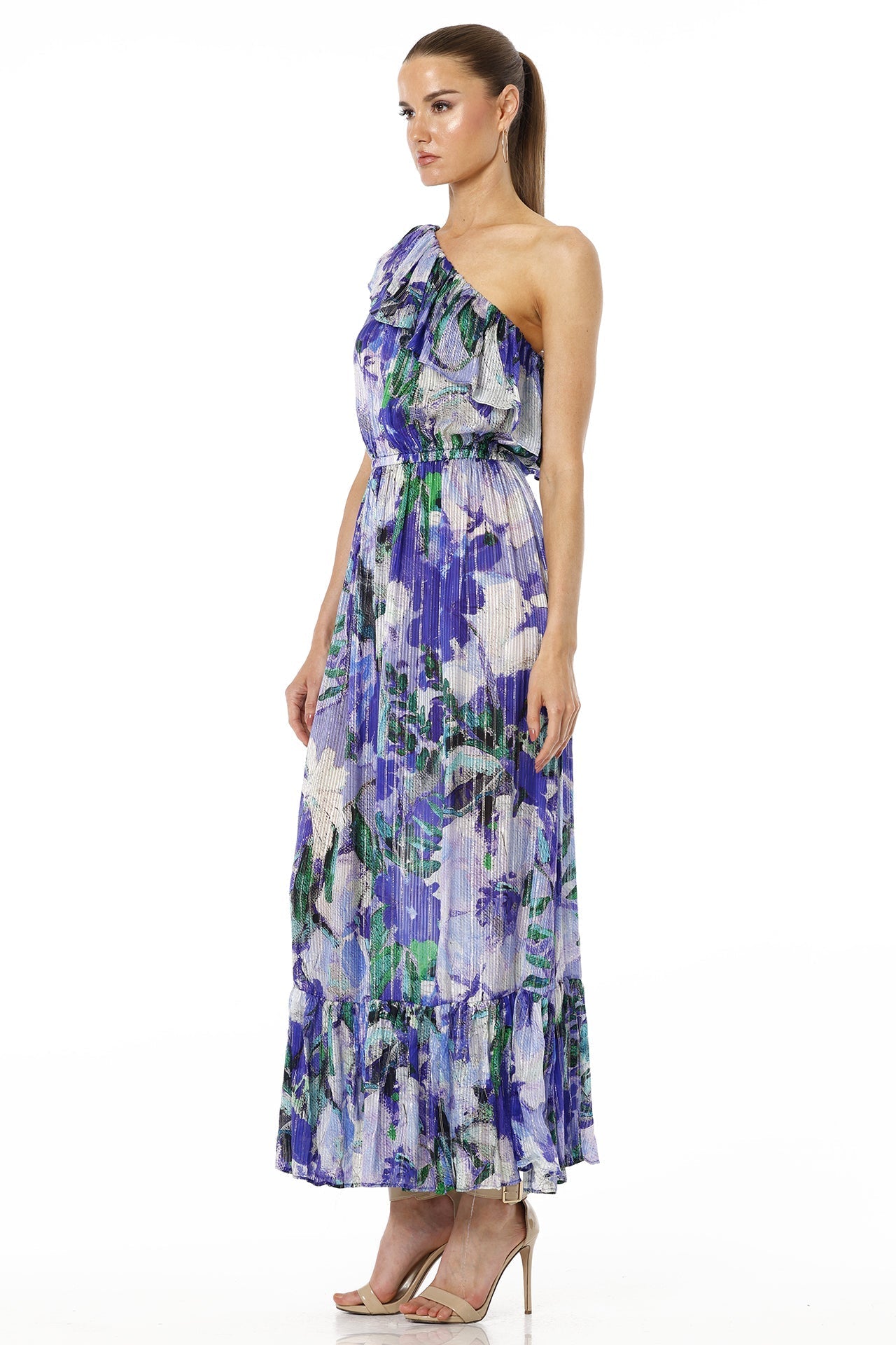 Blue Magic One Shoulder Floral Maxi Dress with Ruffle Neckline