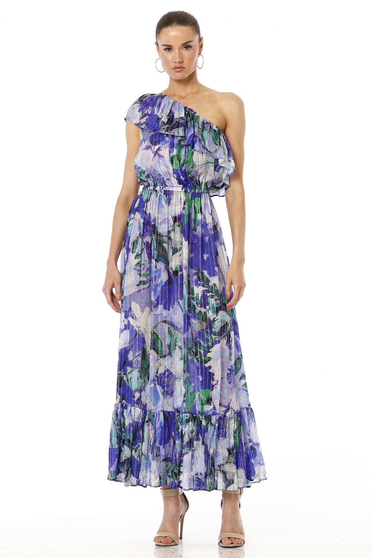 Blue Magic One Shoulder Floral Maxi Dress with Ruffle Neckline