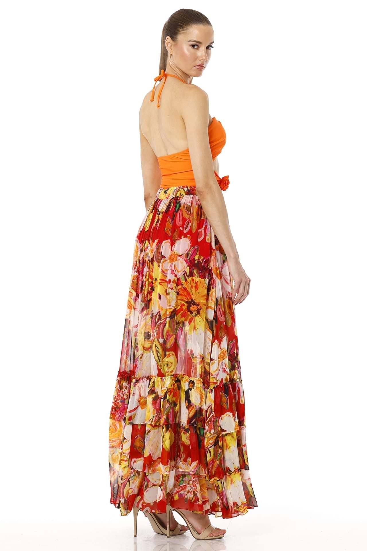 Aello Long Floral Printed Tiered Maxi Skirt