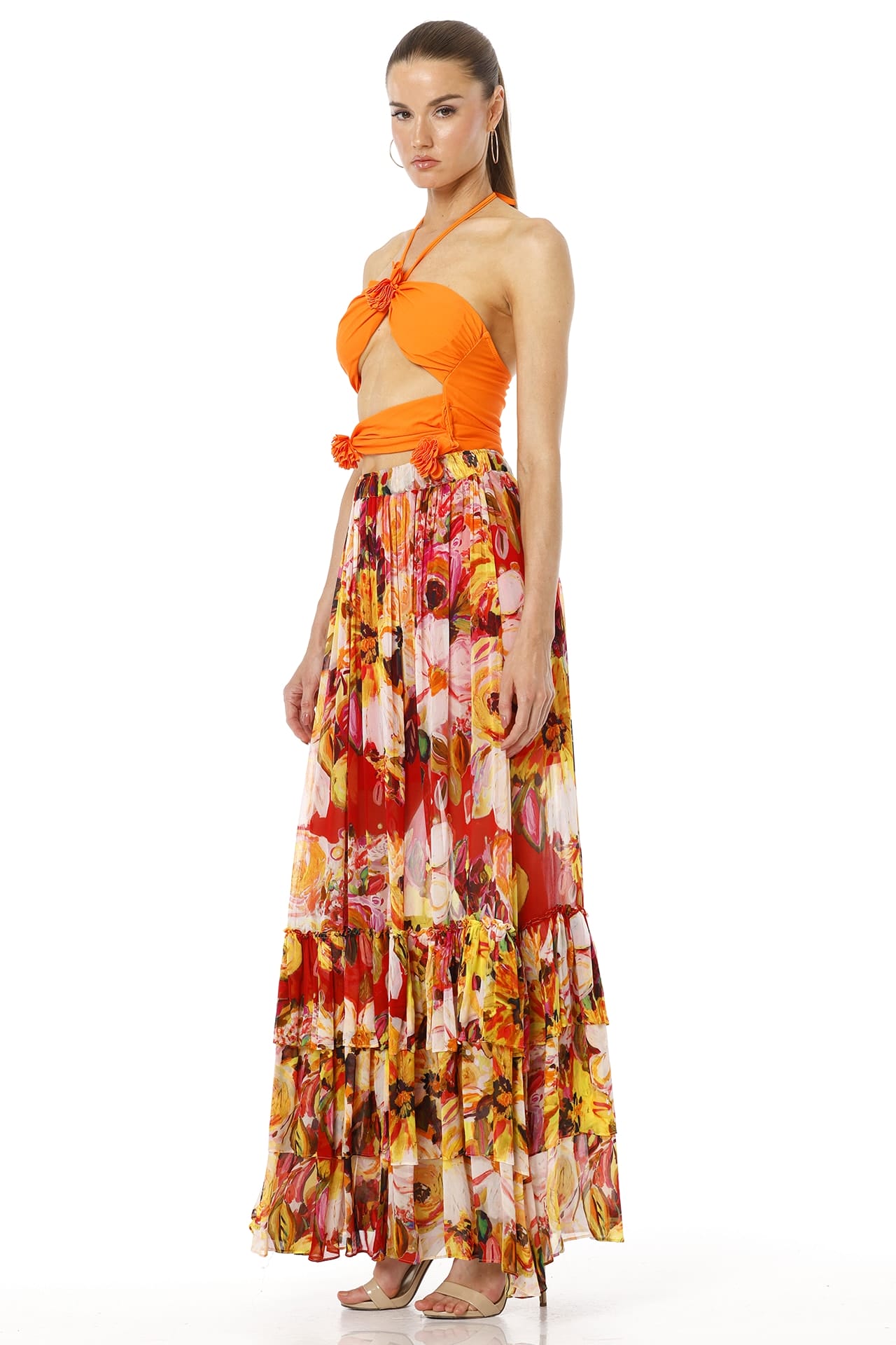 Aello Long Floral Printed Tiered Maxi Skirt