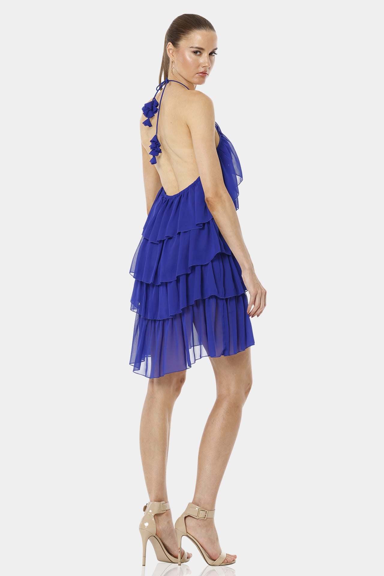 Blue Mini Ruffle Dress With Cross Neckline