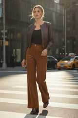Auburn Luxe Women's Cropped Leather Jacket & Corduroy Wide-Leg Trousers Set