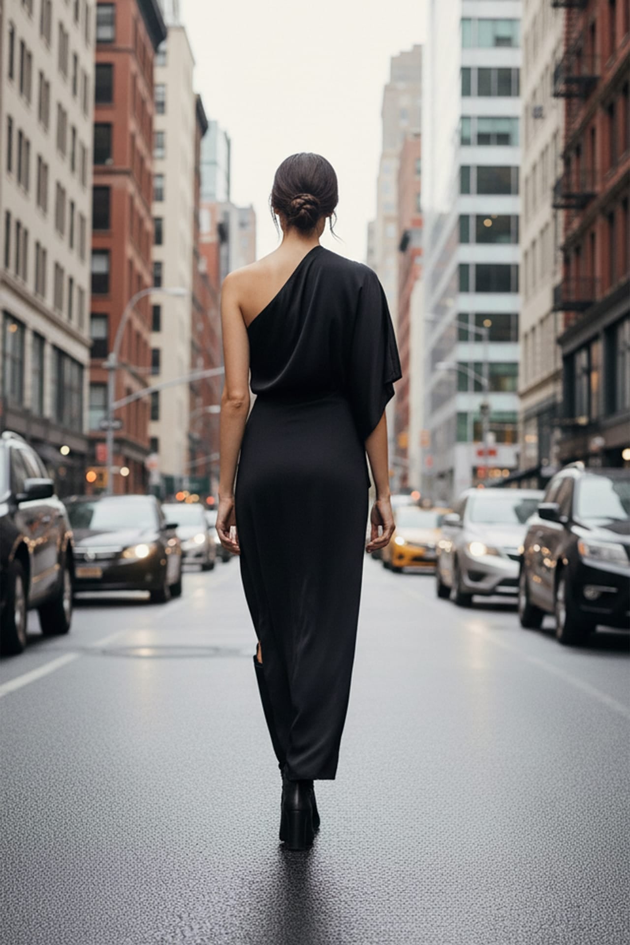 Black One Sleeve Maxi Dress- Side split silk evening dress
