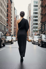 Black One Sleeve Maxi Dress- Side split silk evening dress