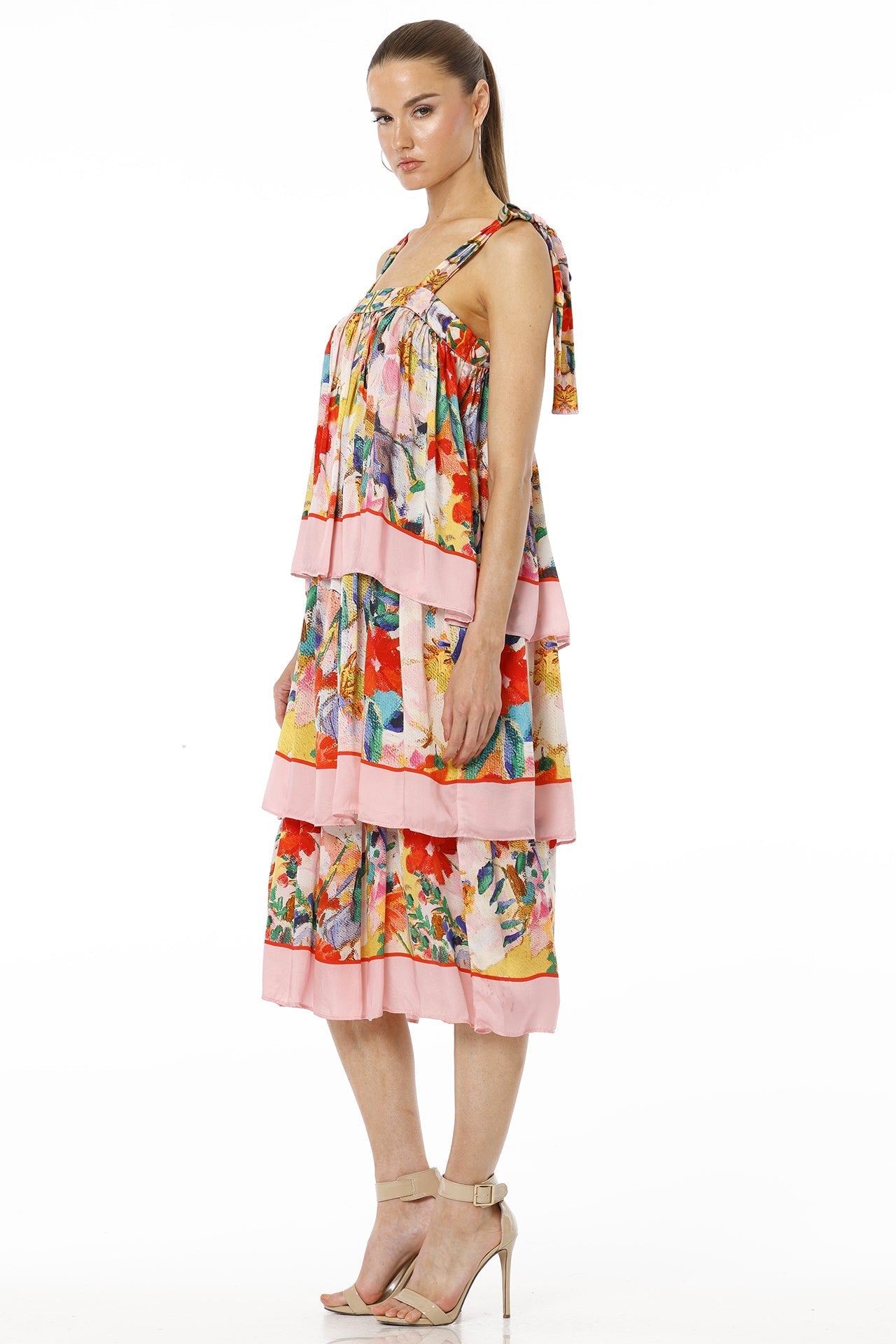 Adoria Short Multicolor Tiered Sleeveless Ruffle Midi Dress