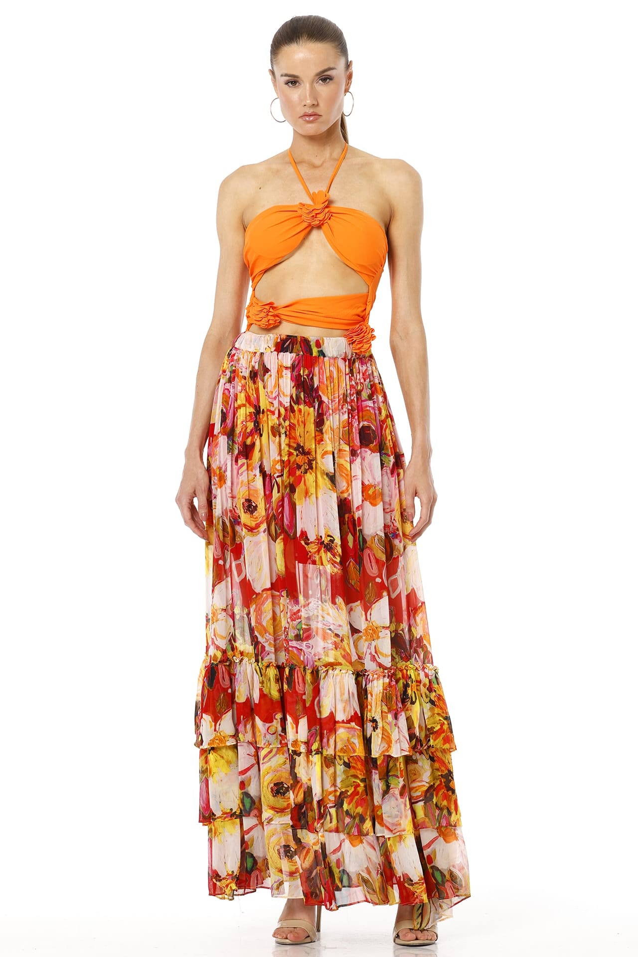 Aello Long Floral Printed Tiered Maxi Skirt