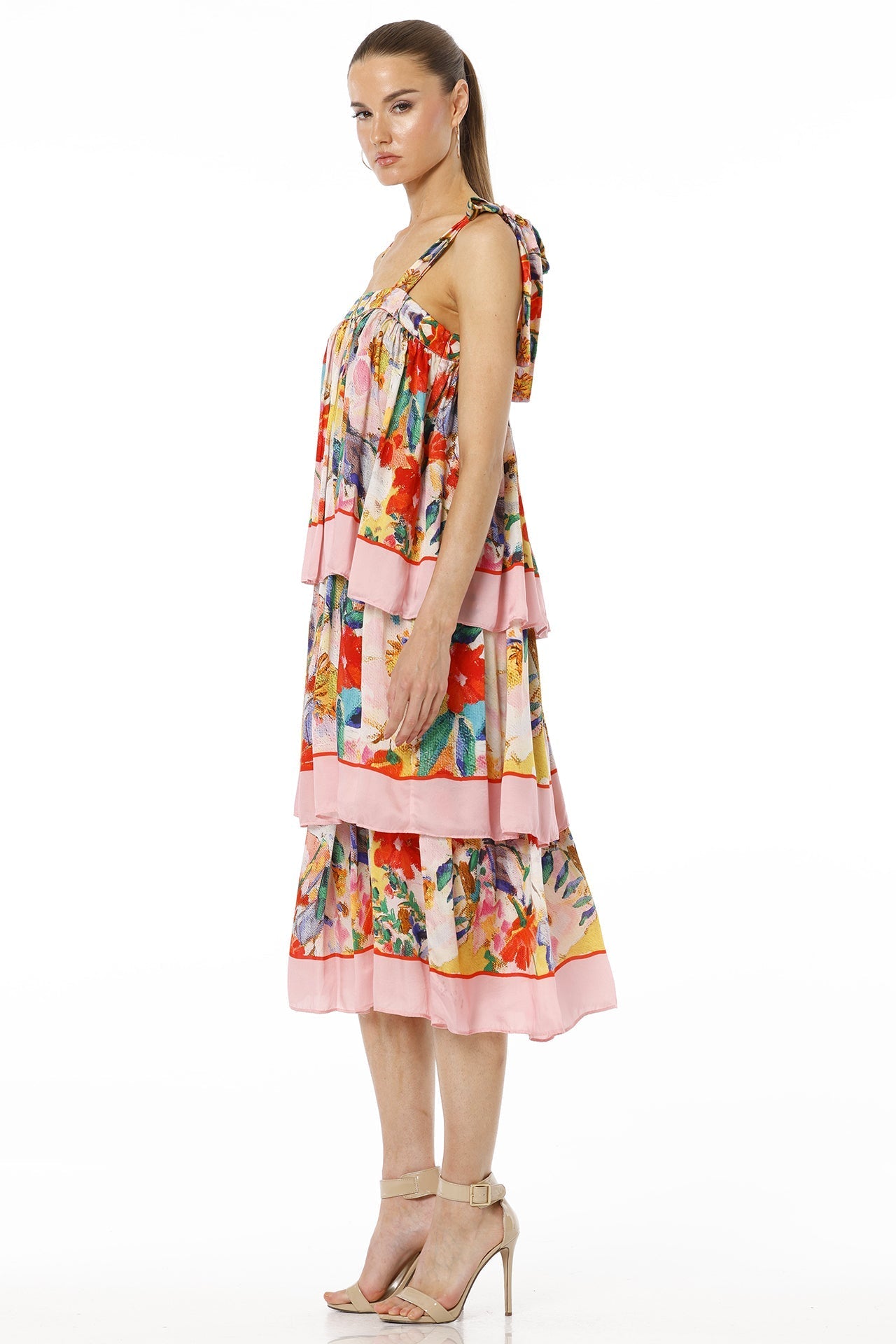 Adoria Short Multicolor Tiered Sleeveless Ruffle Midi Dress