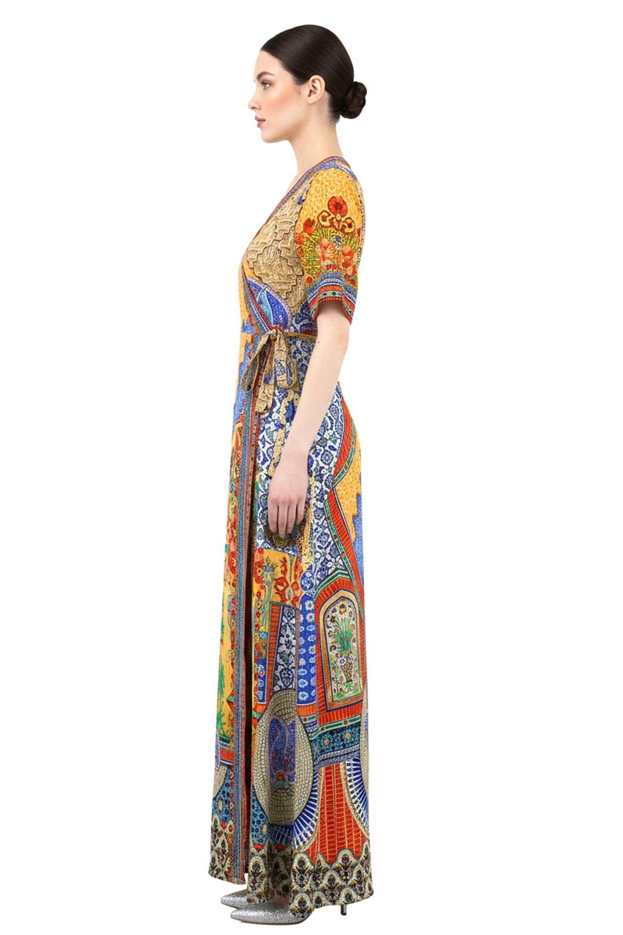 Baroque Print Wrap Dress in Sunset